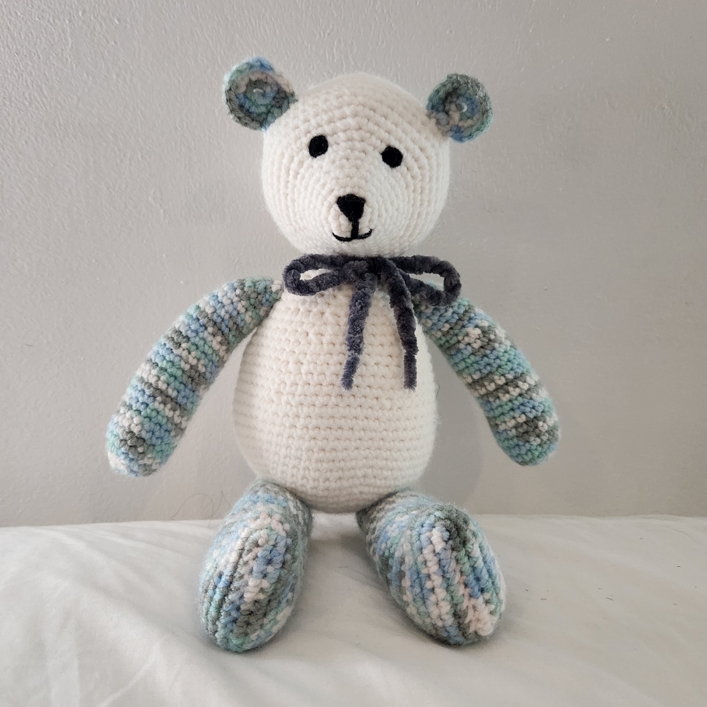 Handmade Crochet Teddy Bear White And Blue Multi With Gray Bow